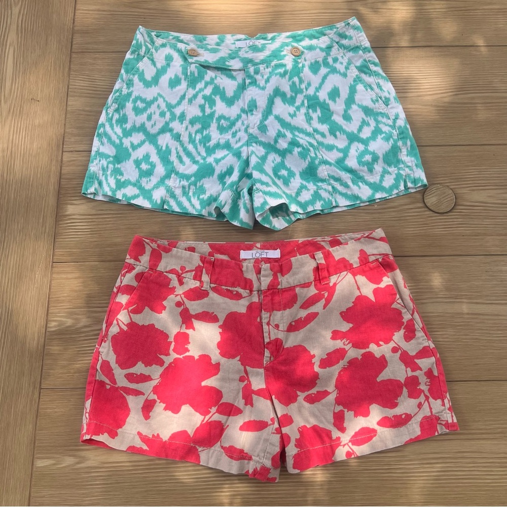 LOFT Turquoise Ikat & Pink Floral Linen Shorts - Lot of 2